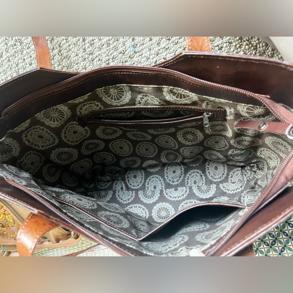 American West Hand-Tooled Floral Leather Tote in Dark Brown and Tan - Picture 3 of 4